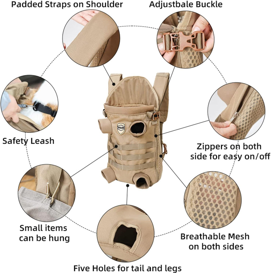 FLAdorepet Dog Carrier Tactical Backpack for Medium Large Dogs,Soft Hands-Free Legs Out Pet Front Cat Dog Carrier Backpack Travel Bag for Outdoor Traveling Hiking Camping (Medium, Khaki)
