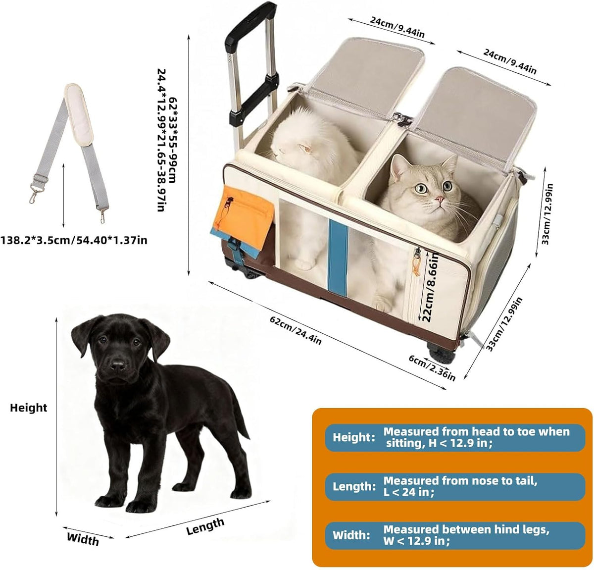 Large Cat Carrier with Wheels for 2 Cat, Double Rolling Pets Carrier on Wheel, Folding Soft-Sided Carriers with Telescopic Handle, Shoulder Strap Removable Soft-Sided Bag for Car, Vet, Outing